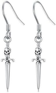 Sterling Silver Skull Dangle Earrings with Gothic Sword Design for Women