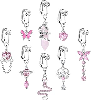 ORAZIO 8 PCS Fake Belly Ring For Women Fake Belly Piercing Dangle Clip On Belly Button Rings CZ Snake Butterfly Faux Belly Button Piercing Stainless Steel Fake Navel Rings Non Pierced