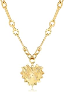 18K Gold Plated Chunky Choker Necklace with Sun Heart Pendant for Women, Trendy Hip Hop Signature Necklace with Adjustable Length, Brass, No Gemstone, Ideal Aesthetic Jewelry Gift