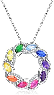 Circle of Eternity Rainbow Pendant Necklace with Sterling Silver Cable Chain and Lobster Clasp for Women, Cubic Zirconia Halo Design