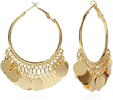Bohemian Style Gold Dangle Hoop Earrings with French Wire Back and Alloy Gem in Shimmery Sequin Design for Women