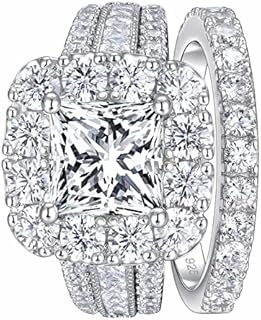 SHELOVES Vintage Style Princess Halo AAAAA CZ Wedding Engagement Ring Sets for Women 925 Sterling Silver 5-12