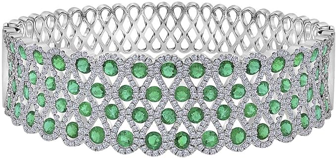 Luxurious White Gold Toggle-Clasp Bangle with Natural Emeralds & Diamonds - Perfect Fashion Accessory for Elegant Women