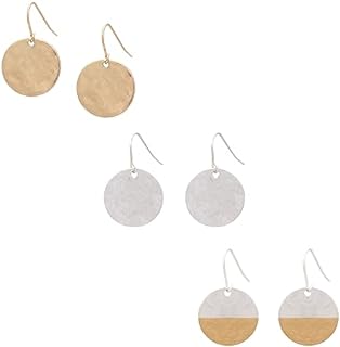 Bonaluna Triple Esseticals, Simple & Lightweight Hammered, Long Vertical Bar, Dainty Circle Disc and Teardrop Dangle Earrings - Gold, Silver and Twotone, 3 Pairs Set for Women