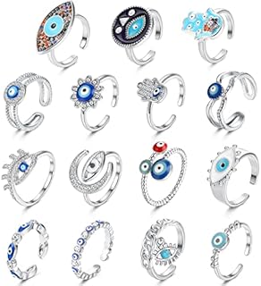 "YADOCA 15-Piece Adjustable Evil Eye Ring Set with Cubic Zirconia for Women" - 14K Gold Plated, Alloy Metal, Turkish Blue Eye/Hamsa Hand Design for Protection & Style