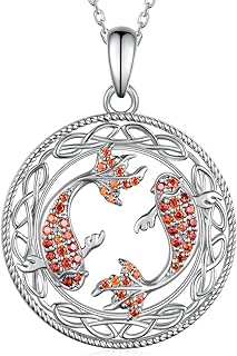 Zircon Encrusted Sterling Silver Koi Fish Pendant Necklace with Ball Chain for Women and Girls, Celtic Knot Inspired Design
