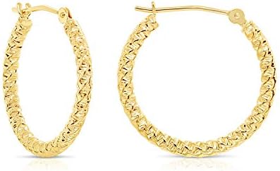 14k Yellow Gold Spiral Textured Round Hoop Earrings, 2mm thickness