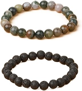 Beaded Snowflake Bracelet with Box and Bead Chain, Agate Gemstones for Men and Women, Circular Design - 2Pcs Stainless Steel Natural Stone Set