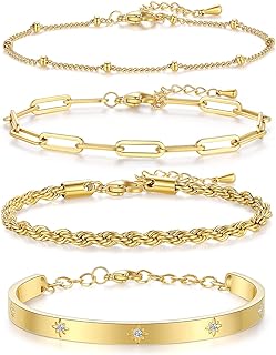 Dainty Gold Bracelets for Women 18K Gold Plated Adjustable Stackable Bracelets Set Cubic Zirconia Layered Cuff Bangle Chain Bracelets for Women Girls, Silver/Gold