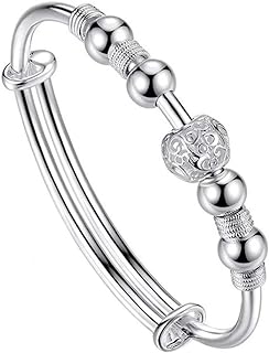 smallwoodi Bangle Bracelet, Hollow Bead Charm Bracelet Bangle Fashion Women Adjustable Party Women's 925 Sterling Similar Silver beads Jewelry Christmas Gift for Men for Women Silver