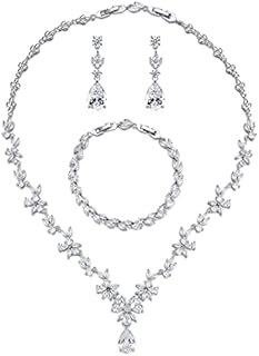 Wedding Jewelry for Bride, Silver Bridal Necklace Earrings Bracelet Set with Clear Cubic Zirconia, Bridemaids Jewelry Set for Wedding, Crystal Wedding Party Jewelry Set for Women Girls