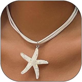 Starfish Necklace for Women Starfish Fringe Layered Necklace Boho Starfish Pendant Necklace Retro Starfish Choker White Velvet Necklace Summer Beach Necklaces Jewelry for Women Girls