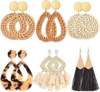 Ponpon 6-18 Pairs Earrings for Women, Lightweight Summer Earrings Straw Earrings Fashion Geometric Statement Hoop Dangle Drop Earrings for Women