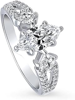 BERRICLE Sterling Silver 3-Stone Wedding Engagement Rings Marquise Cut Cubic Zirconia CZ Split Shank Ring for Women, Rhodium Plated Size 4-10