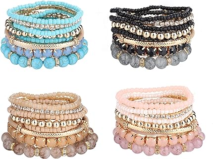 Sailimue 4-6 Sets Cubic Zirconia Studded Stackable Beaded Bracelets with Bead Chain for Women, Bohemian Multicolor Adjustable Layered Bracelets in Pink, Black, and Turquoise - Alloy Material