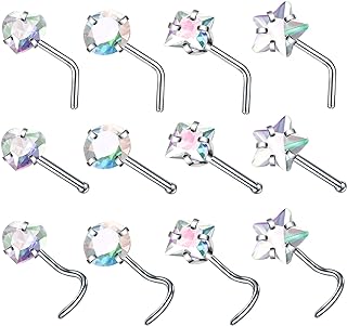 SOVSEFD 12 Pcs 20 Gauge Stainless Steel Nose Rings Studs L Crook Bone Shaped Crook Nose Fake Septum Rings Body Piercing Jewelry 3mm Diamond CZ Nose Stud L Bend for Women Men Girl Piercing