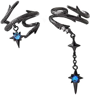 Black Gothic Adjustable Dragon Earring Cuff with Rhinestone, Clip-On Back Finding, for Women and Girls, Asymmetrical Star and Thorn Design