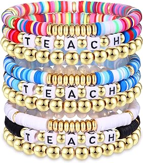 9 Pack Heishi Teacher Bracelets Stackable Rainbow Heishi Teach Beaded Stretchy Bracelet Preppy Jewelry Back to School Teacher Appreciation Gifts