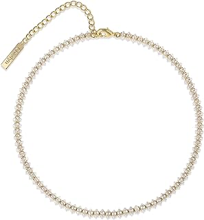 Cowlyn Tennis Choker Necklace Crystal Cubic Zirconia CZ Chain Dainty 14K Gold Silver Plated Diamond for Women Girl（2 Colour Choose）