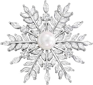 SELOVO Bridal Zircon CZ Bouquet Snowflake Simulated Pearl Brooch Pins Silver Tone