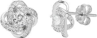 White Gold Plated Sterling Silver Love Knot Stud Earrings with Simulated Diamonds for Mom - Unique Mother's Day Gift, 14K Gold Plated Sterling Silver Earrings, Screw-Back Design with AAAA Gemstone Quality