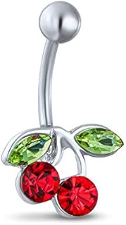 Red Crystal Double Cherry Branch Bar Navel Belly Ring For Women 316L Stainless Steel 14 Gauge