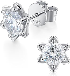 1ct Six Claws Flower Shaped Moissanite Earrings D Color Vvs1 Clarity S925 Sterling Earrings Silver Clarity Lab Created 18k White Gold Plated for Wife, Birthday Valentines Gifts