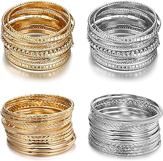50Pcs Mixed Metal Aztec Multi Bangle Set Indian Wedding Multi Textured Bracelet Smooth Bangle Bracelets Set of 50 in Gold Tone for Women
