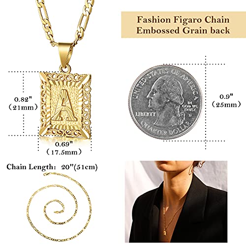 Initial Letter Pendant Necklace for Men Womens, 18K Gold Plated Square Capital Monogram Necklace Alhpabets from A-Z Figaro Chain Necklace