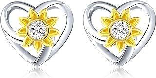 SNZM Stud Earrings for Women, S925 Sterling Silver Sunflower Earrings for Women Girls, Dainty Heart Stud Earrings Ear Wrap Jewelry for Valentine's Day/Birthday Gift