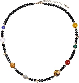 Jewever The Eight Planets Guardian Star Choker Necklace for Women Black Agate Beaded Crystal Necklace Universe Galaxy Healing Crystals and Gemstones (16"+2")