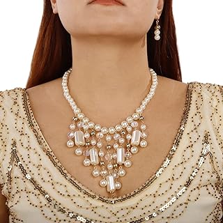 1920s Multilayer Faux Pearl Choker Necklace with Earrings Jewelry Set