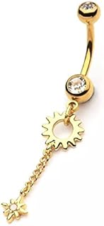 Pierced Owl 14GA Gold Tone 316L Stainless Steel Sun with Chain and Opalite Star Dangling Belly Button Ring