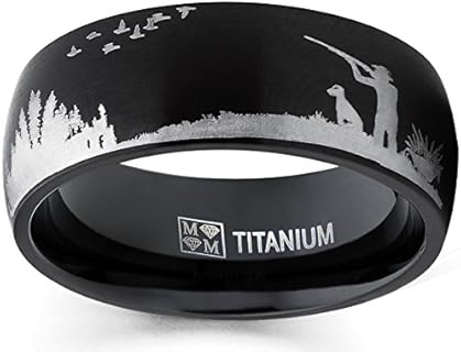 Men's Black Titanium Ring Wedding Band with Laser Etched Bird Duck Hunting Outdoor Ring, Comfort Fit 8mm