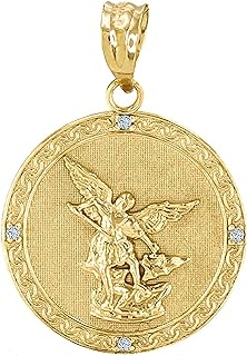 14K Yellow Gold Diamond Accented 1” Round Saint Michael The Archangel Medal Pendant Necklace (SI1-SI2 Clarity)
