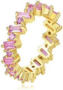 18K Gold Plated Eternity Band Ring Pink Cubic Zirconia Baguette Statement Ring for Women Girls