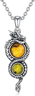 Unisex Dragon Choker Necklace with Cable Chain and Round Amber Pendant in 925 Sterling Silver - Ideal Gift for Mother, Wife, Sister, Daughter, or Grandmother