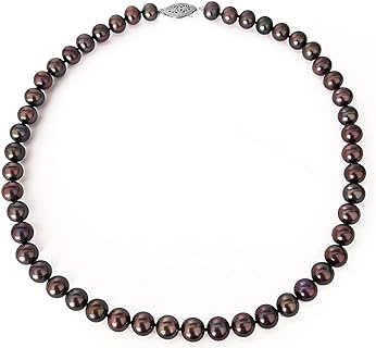 Black Freshwater Cultured Pearl Necklace in Sterling Silver with Red Overtone & Filigree-Fish-Hook Clasp, AAAA Quality, 17-inch Length