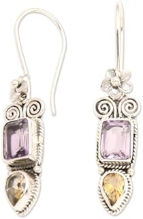 NOVICA Artisan Handmade Amethyst Citrine Dangle Earrings Floral from Bali Indonesia [1.9 in L x 0.4 in W x 0.2 in D] ' Colorful Roots'