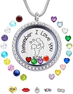 30mm Stainless Steel Living Memory Floating Locket Necklace Pendant with Charms and 24 Birthstones, Best Gifts for Women Girls