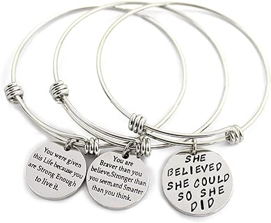 L.Beautiful 3 Pack Women Engraved Message Inspirational Words Round Charm Bracelets Set Expandable Silver Plated Stainless Steel Motivational Bangle Bracelet with Gift Box