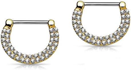 Forbidden Body Jewelry 14G Surgical Steel & Gold IP Plated Double Lined Crystal Gemmed Nipple Piercing Clicker Ring Set