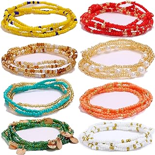 8 Pcs Waist Beads Chains,Jewelry Colorful Elastic Waist Beads,Belly Beads African Waist Chains, African Belly Waist Bracelet Anklet Necklace Bead Stretchy Elastic String Summer Beach