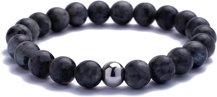Men's Premium Mala Bead Bracelet with Bead Chain and Lobster Claw Clasp, Handcrafted in Stainless Steel featuring Black Onyx, Brown Tiger's Eye or Grey Larvikite Pearls - Ideal Gift in Luxury Box with Velvet Pouch