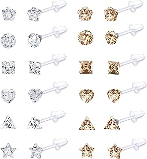 FIBO STEEL 12Pairs Clear Plastic Studs Earrings for Women Acrylic Post Round Square CZ Star Heart Rhinestone Ear Studs Piercing Retainers Gold CZ