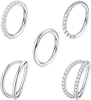 CASSIECA 5Pcs 18G 16G Surgical Steel Nose Rings Hoop for Women CZ Clicker Hinged Septum Ring Lip Helix Cartilage Double Hoop Earring Daith Rook Conch Body Piercing Jewelry for Women 8mm 10mm