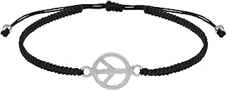 AeraVida Love Inspired Trendy Hippie Culture Peace Sign or Symbol .925 Sterling Silver Charm on Cotton Rope Adjustable Pull Slide Bracelet