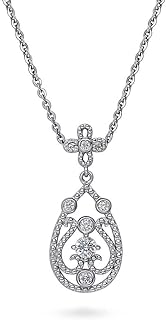 BERRICLE Sterling Silver Art Deco Cubic Zirconia CZ Milgrain Pendant Necklace for Women, Rhodium Plated