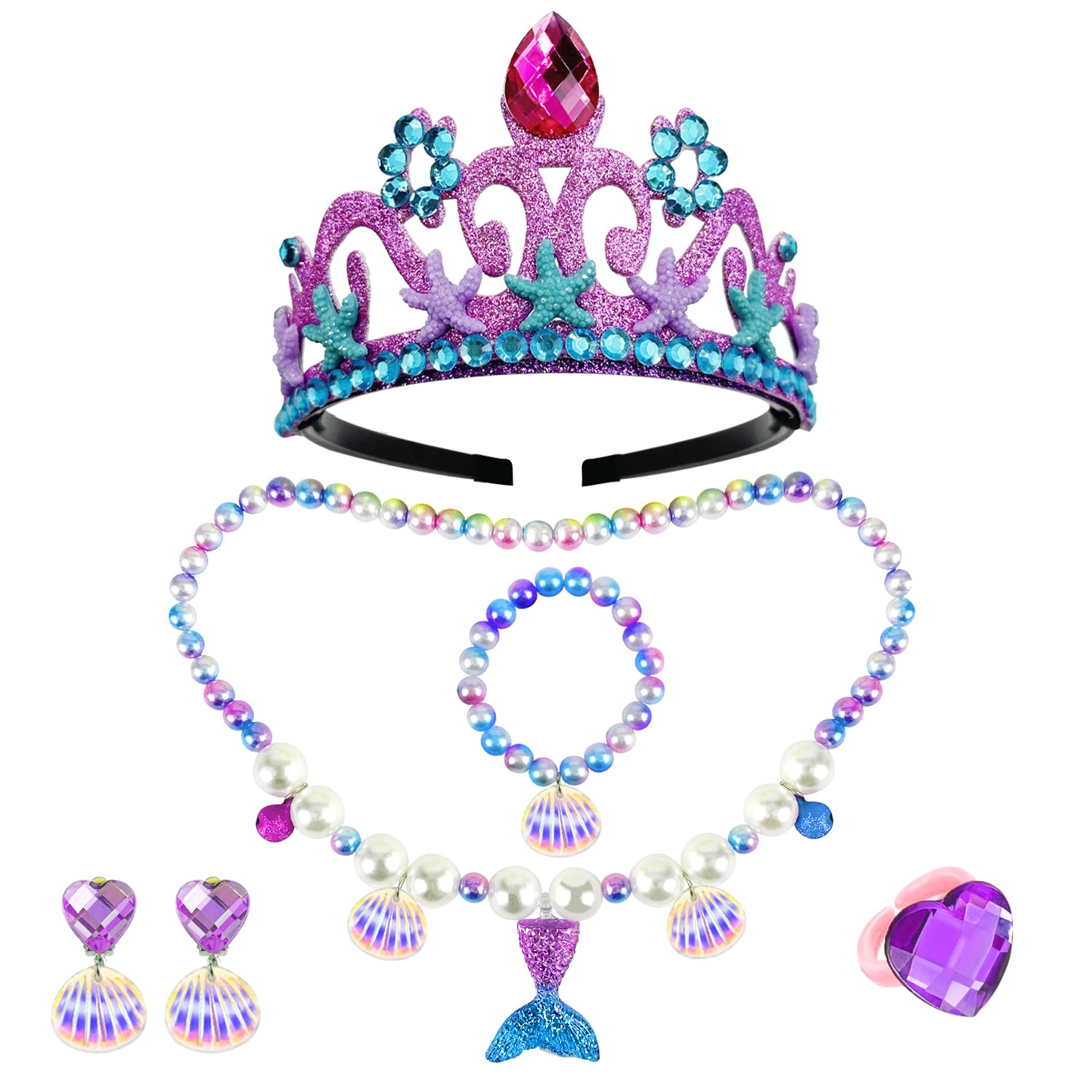 6pc Girls' Mermaid and Crown Bead Jewelry Set with Lobster Clasp - Colorful Dress-up Playtime Accessories