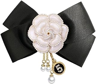 Camellia Flower Pre-Tied Big Bow Tassel Brooch Pin for Women Girls CZ Faux Pearl Lucky Number Five Chain Dangle Charm Fabric Pins Clip Lapel Bouquet Corsage Brooches Pins Elegant Jewelry Gifts for Sweater Dress Suit